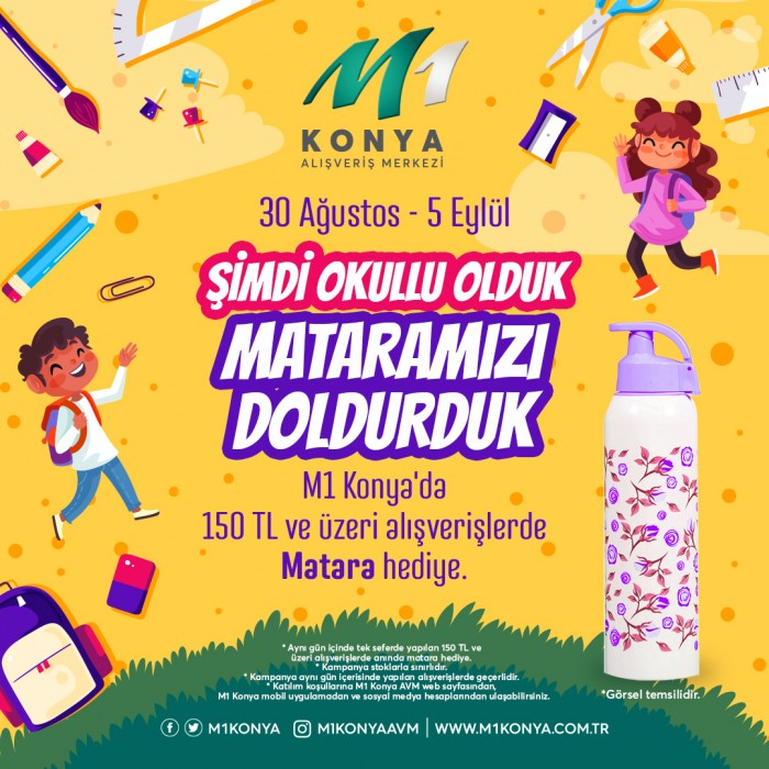 M1Konya AVM, 150 TL ve üzeri alışverişlerde matara hediye ediyor
