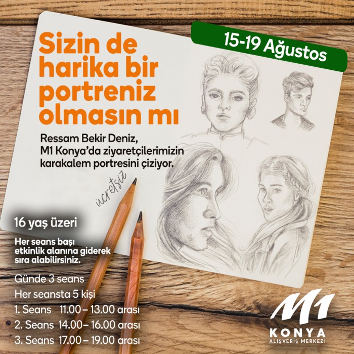 M1Konya AVM’de ressam Bekir Deniz karakalem portrelerinizi çiziyor